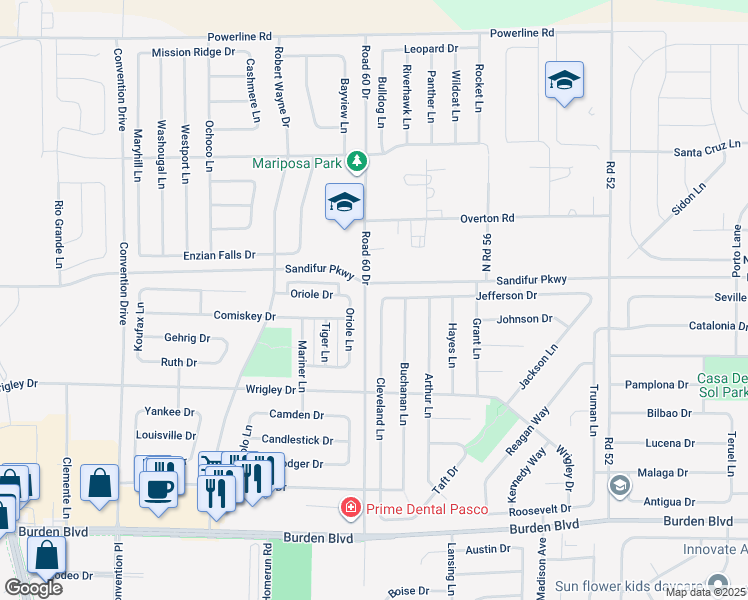 map of restaurants, bars, coffee shops, grocery stores, and more near 5520 Cleveland Lane in Pasco