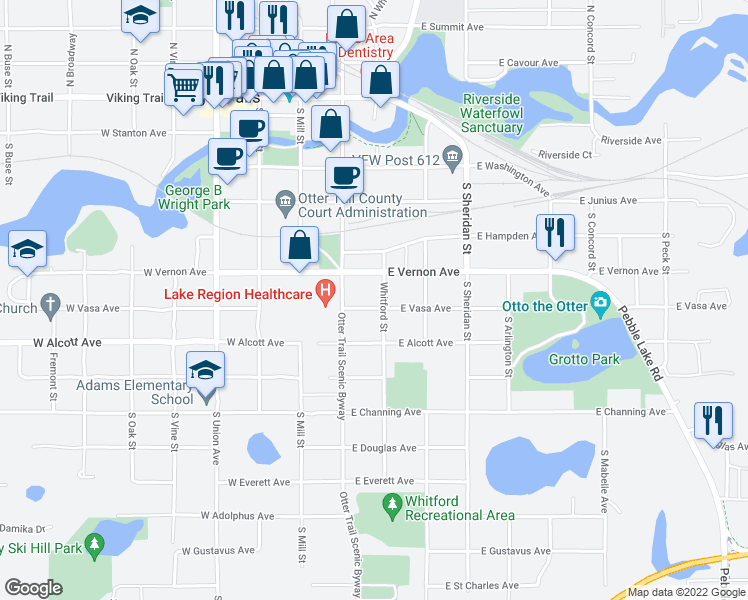 map of restaurants, bars, coffee shops, grocery stores, and more near 217 East Vasa Avenue in Fergus Falls