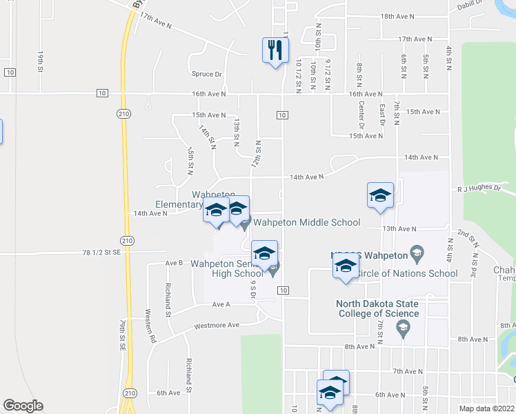map of restaurants, bars, coffee shops, grocery stores, and more near 1120 Loy Avenue in Wahpeton