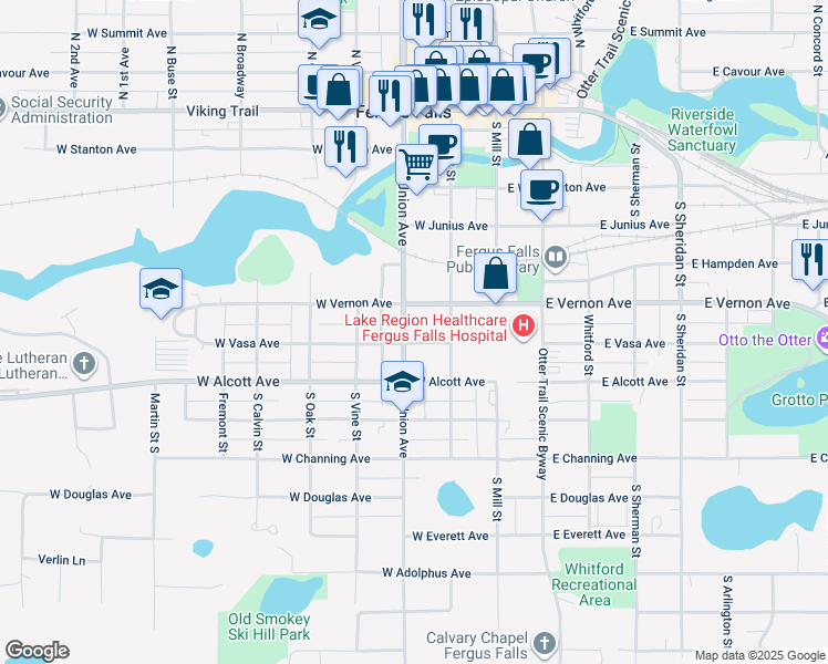 map of restaurants, bars, coffee shops, grocery stores, and more near 619 South Union Avenue in Fergus Falls