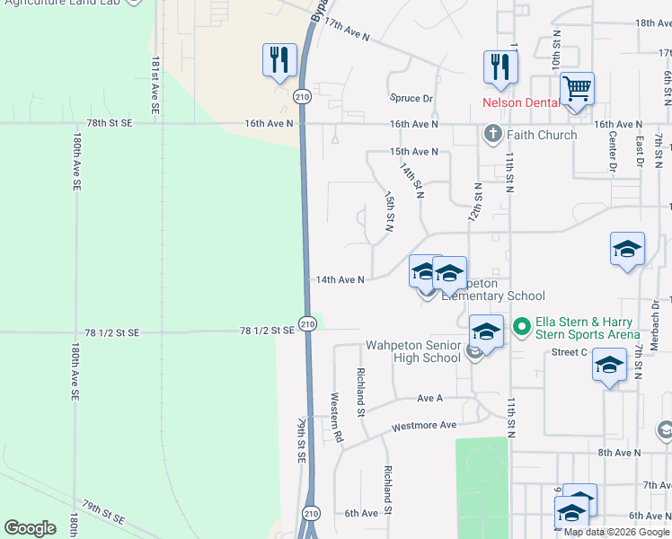 map of restaurants, bars, coffee shops, grocery stores, and more near 1550 14th Avenue North in Wahpeton