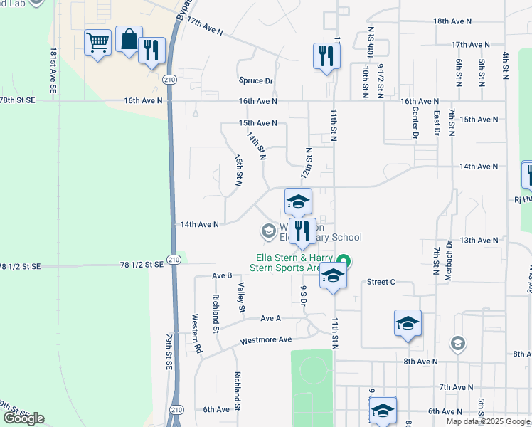 map of restaurants, bars, coffee shops, grocery stores, and more near 1399 Concord Court in Wahpeton