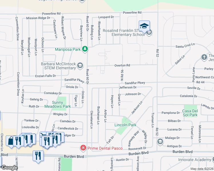 map of restaurants, bars, coffee shops, grocery stores, and more near 5715 Jefferson Drive in Pasco