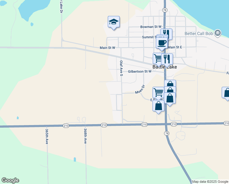 map of restaurants, bars, coffee shops, grocery stores, and more near 36949 Ray Drive in Battle Lake