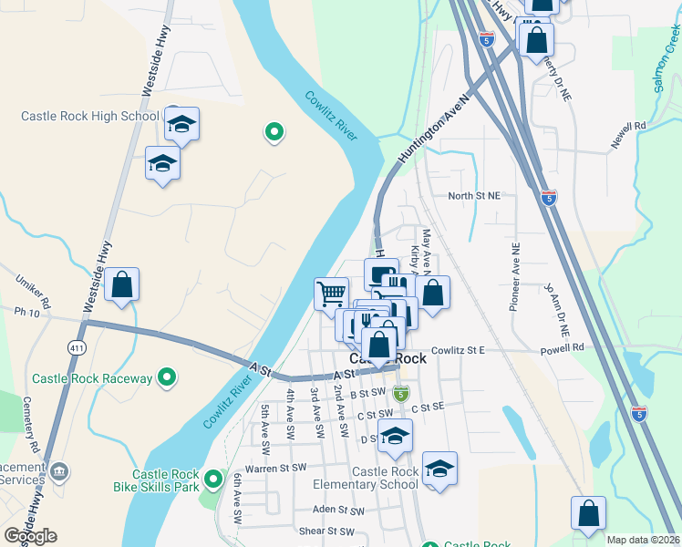 map of restaurants, bars, coffee shops, grocery stores, and more near 114 Cherry Street Northwest in Castle Rock