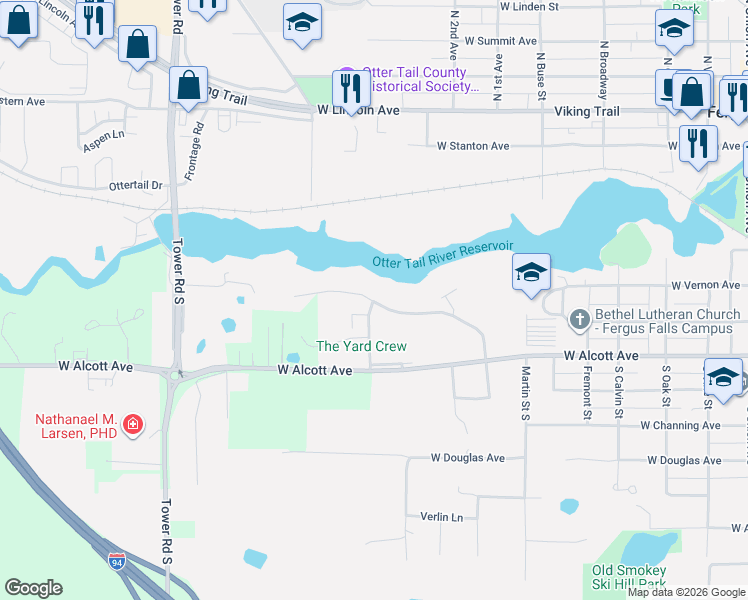 map of restaurants, bars, coffee shops, grocery stores, and more near 220 West Washington Avenue in Fergus Falls
