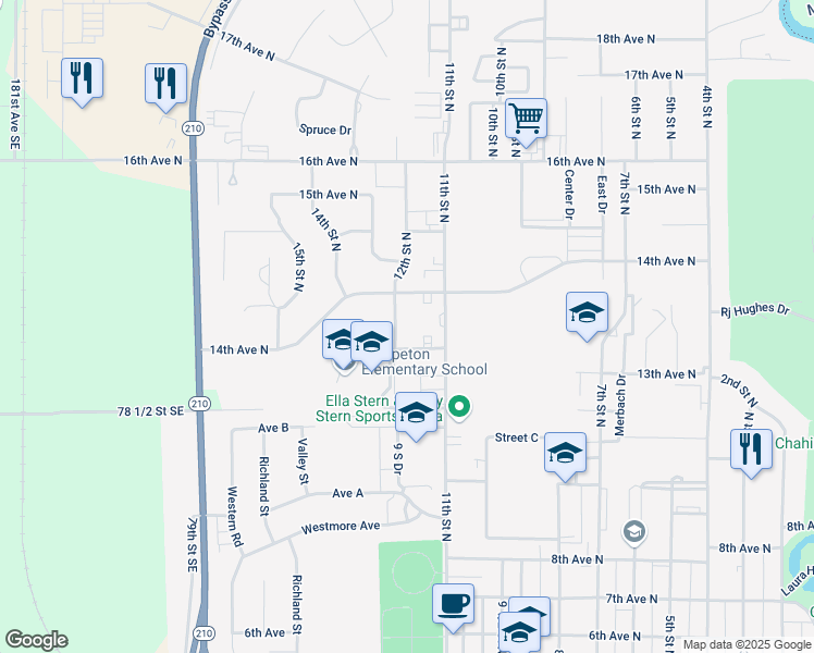 map of restaurants, bars, coffee shops, grocery stores, and more near 1102 Loy Avenue in Wahpeton