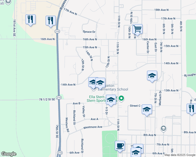 map of restaurants, bars, coffee shops, grocery stores, and more near 1399 Concord Court in Wahpeton