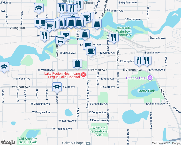map of restaurants, bars, coffee shops, grocery stores, and more near 214 East Vernon Avenue in Fergus Falls