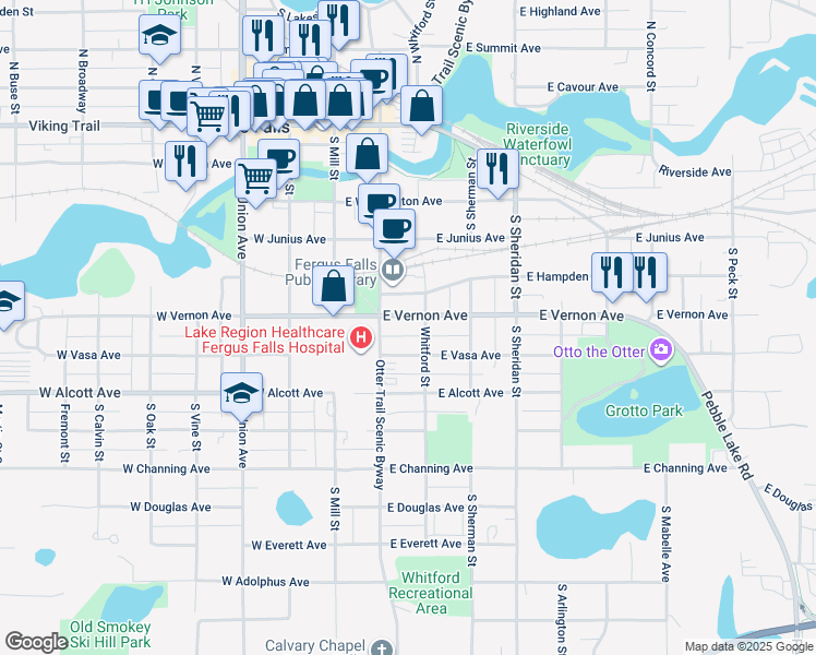 map of restaurants, bars, coffee shops, grocery stores, and more near 214 East Vernon Avenue in Fergus Falls
