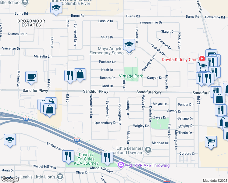 map of restaurants, bars, coffee shops, grocery stores, and more near Sandifur Parkway in Pasco