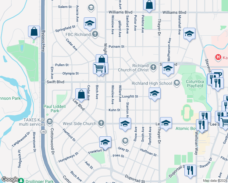 map of restaurants, bars, coffee shops, grocery stores, and more near 904 Winslow Avenue in Richland
