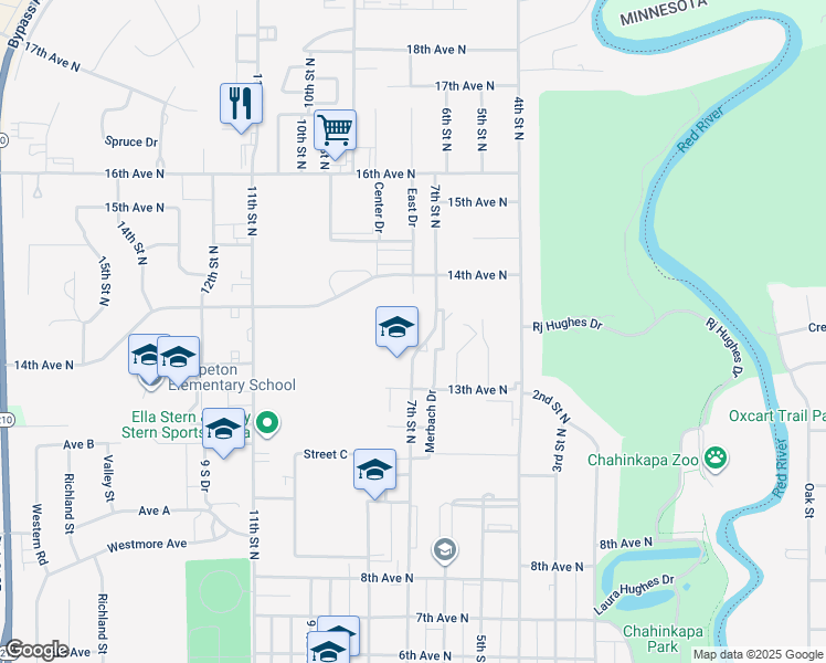 map of restaurants, bars, coffee shops, grocery stores, and more near 1307 7th Street North in Wahpeton