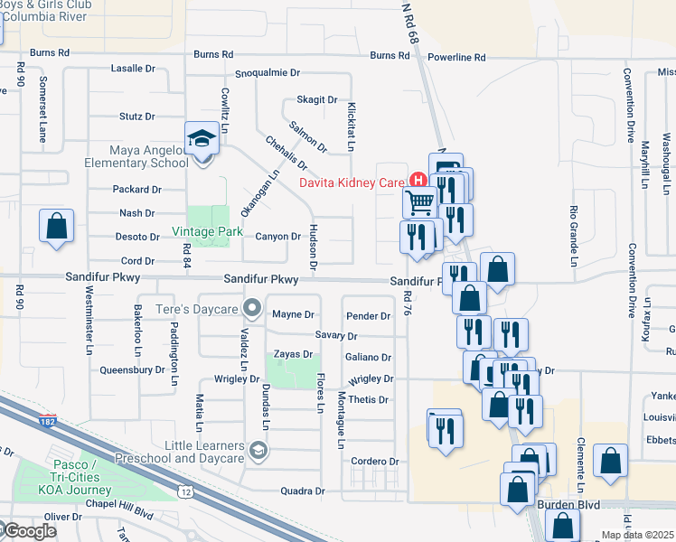 map of restaurants, bars, coffee shops, grocery stores, and more near 7816 Deschutes Drive in Pasco