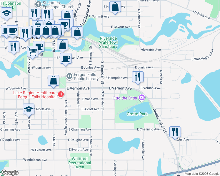 map of restaurants, bars, coffee shops, grocery stores, and more near 518 East Vernon Avenue in Fergus Falls