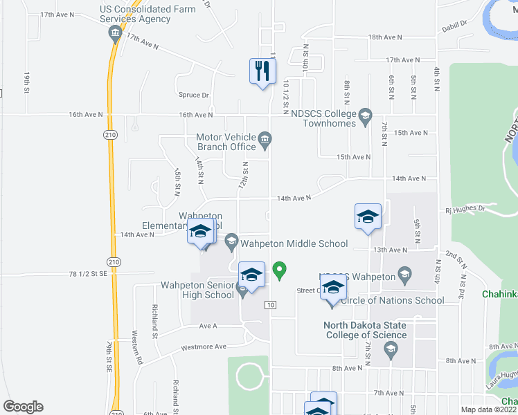 map of restaurants, bars, coffee shops, grocery stores, and more near 1103 14th Avenue North in Wahpeton