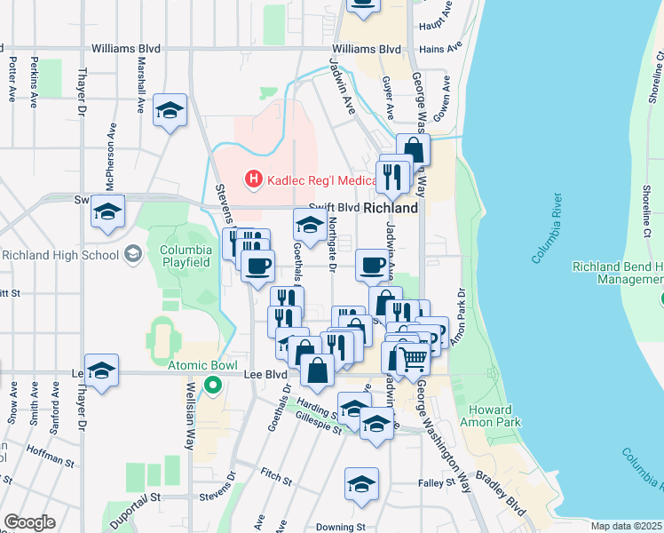 map of restaurants, bars, coffee shops, grocery stores, and more near Mansfield St & Northgate Dr in Richland