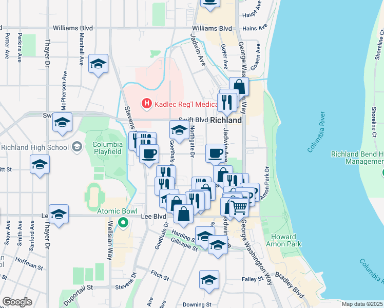 map of restaurants, bars, coffee shops, grocery stores, and more near Mansfield St & Northgate Dr in Richland