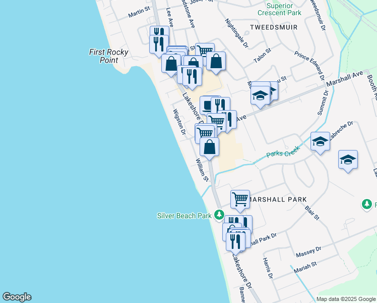 map of restaurants, bars, coffee shops, grocery stores, and more near 403 William Street in North Bay