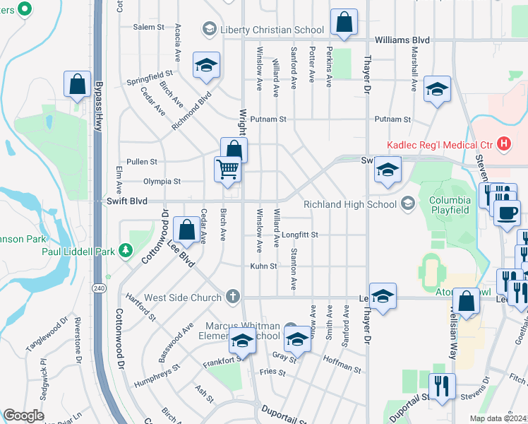map of restaurants, bars, coffee shops, grocery stores, and more near 904 Winslow Avenue in Richland