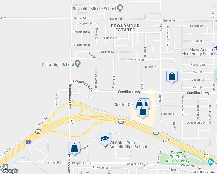 map of restaurants, bars, coffee shops, grocery stores, and more near 9605 Sandifur Parkway in Pasco