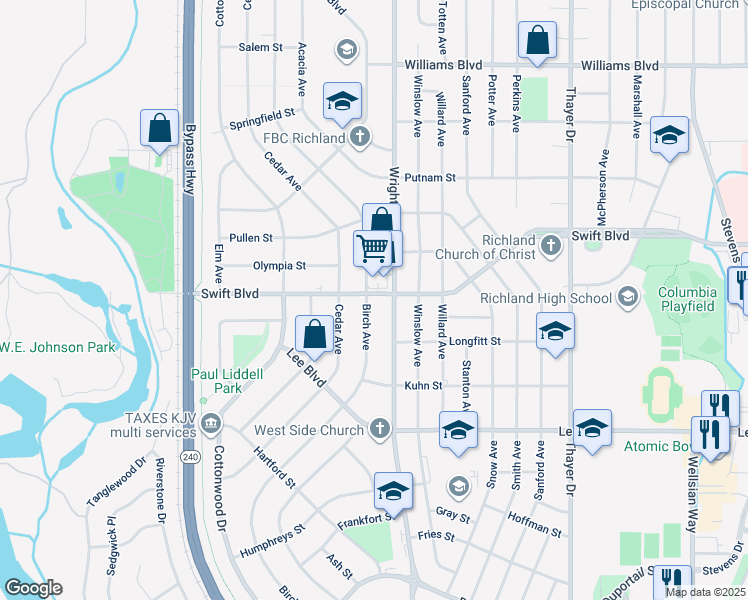 map of restaurants, bars, coffee shops, grocery stores, and more near 2105 Swift Boulevard in Richland