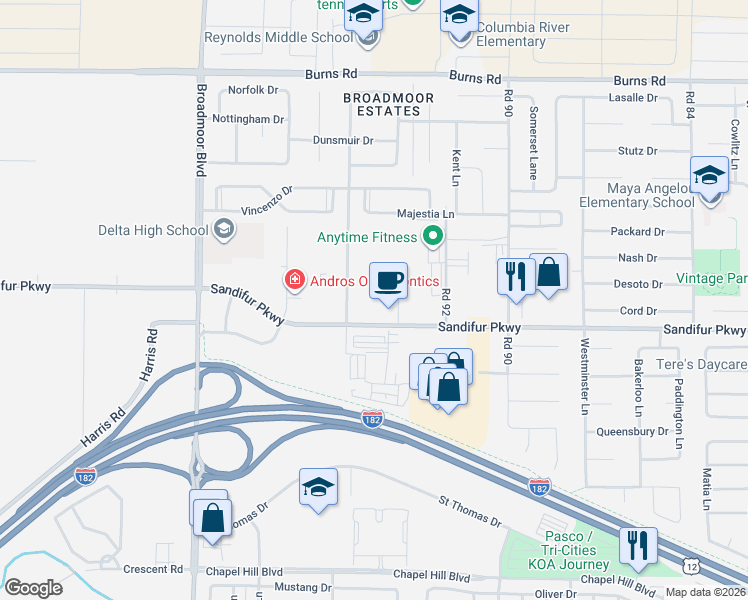 map of restaurants, bars, coffee shops, grocery stores, and more near Midland Lane in Pasco