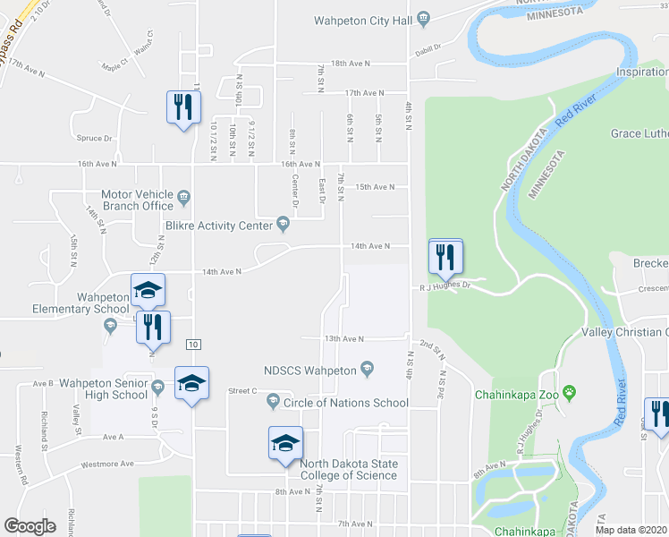 map of restaurants, bars, coffee shops, grocery stores, and more near 1307 7th Street North in Wahpeton