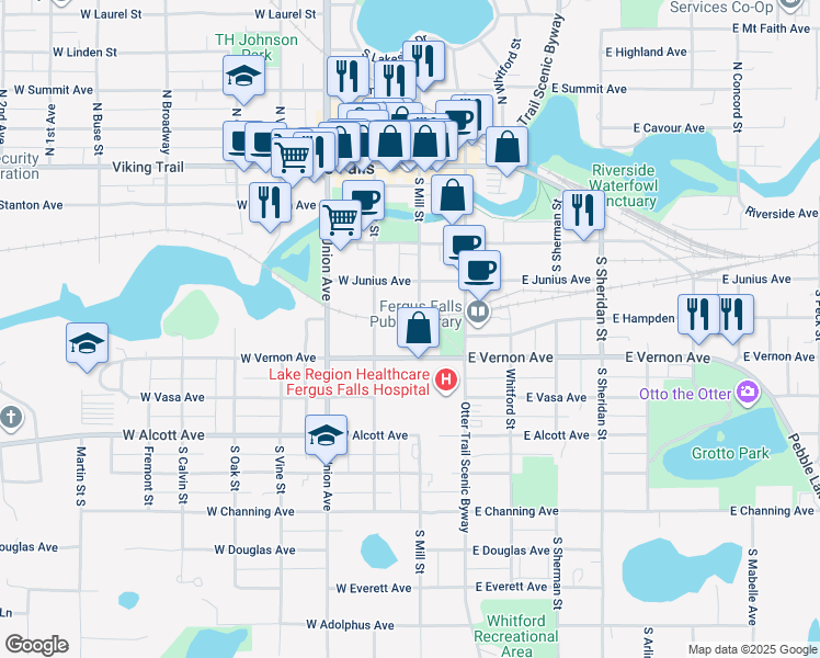 map of restaurants, bars, coffee shops, grocery stores, and more near 506 South Mill Street in Fergus Falls