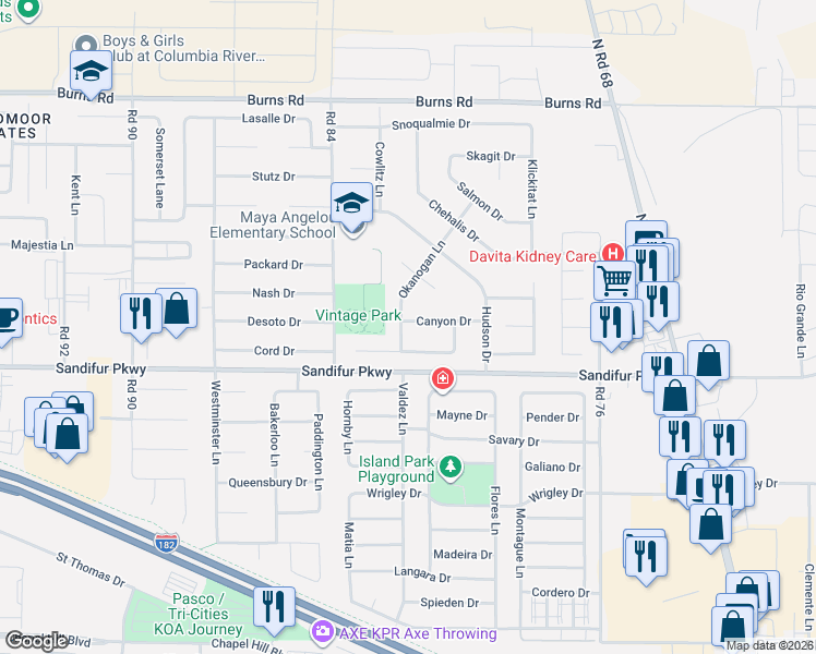 map of restaurants, bars, coffee shops, grocery stores, and more near 5715 Okanogan Lane in Pasco