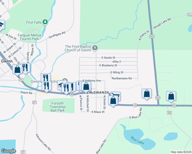 map of restaurants, bars, coffee shops, grocery stores, and more near 112 North Billings Street in Gwinn