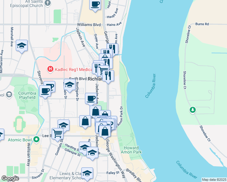 map of restaurants, bars, coffee shops, grocery stores, and more near 601-699 Amon Park Road North in Richland
