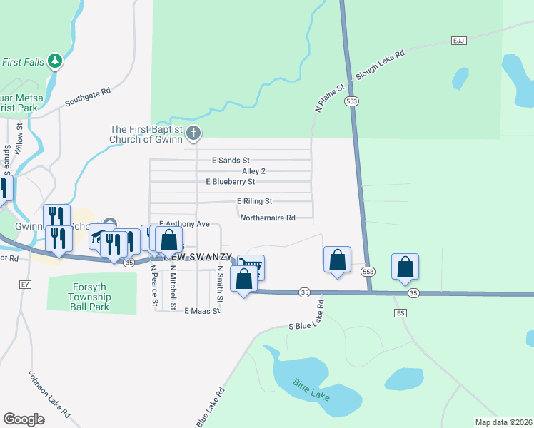 map of restaurants, bars, coffee shops, grocery stores, and more near 55 East Riling Street in Gwinn