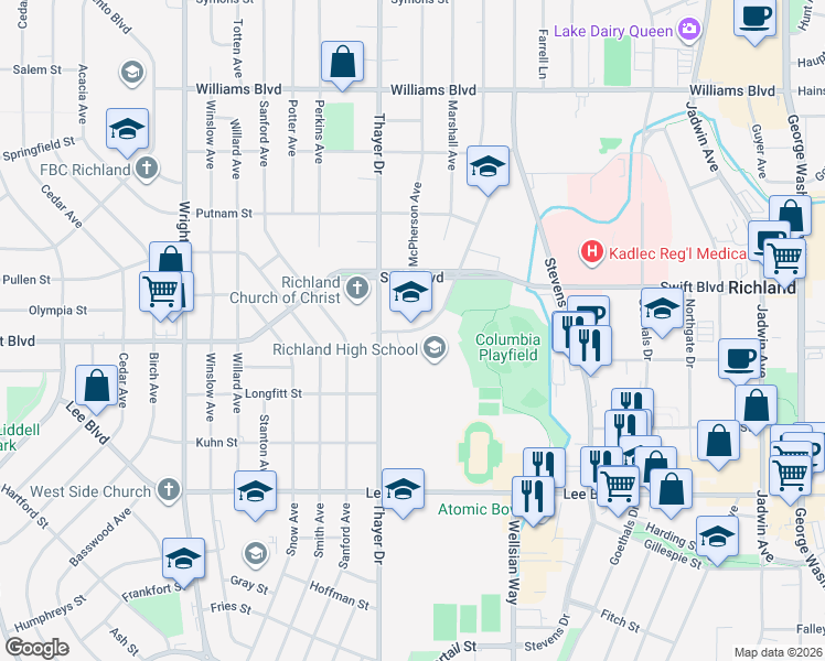 map of restaurants, bars, coffee shops, grocery stores, and more near 929 Long Avenue in Richland