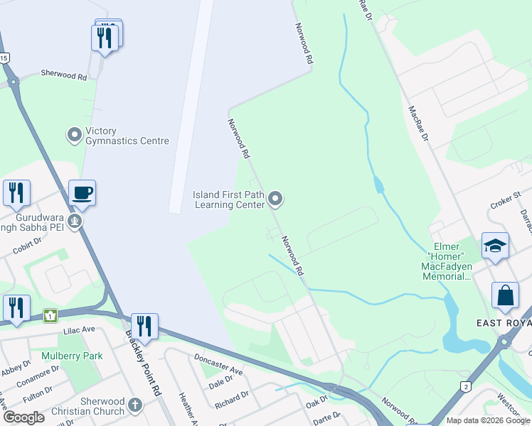 map of restaurants, bars, coffee shops, grocery stores, and more near 315 Norwood Road in Charlottetown