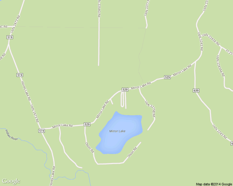 map of restaurants, bars, coffee shops, grocery stores, and more near Mirror Lake Road in Munising