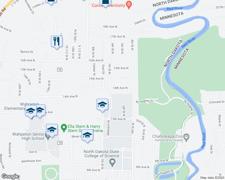 map of restaurants, bars, coffee shops, grocery stores, and more near 617 14th Avenue North in Wahpeton