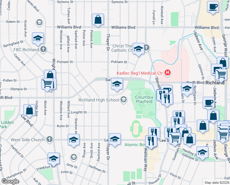 map of restaurants, bars, coffee shops, grocery stores, and more near 929 Long Avenue in Richland