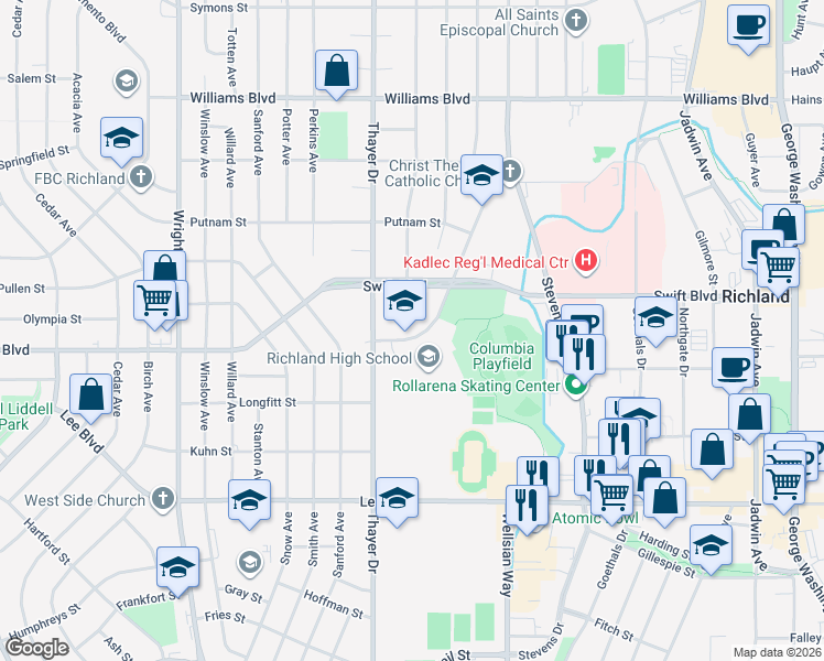 map of restaurants, bars, coffee shops, grocery stores, and more near 929 Long Avenue in Richland