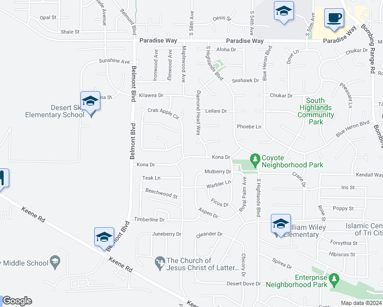 map of restaurants, bars, coffee shops, grocery stores, and more near 5706 Kona Drive in West Richland