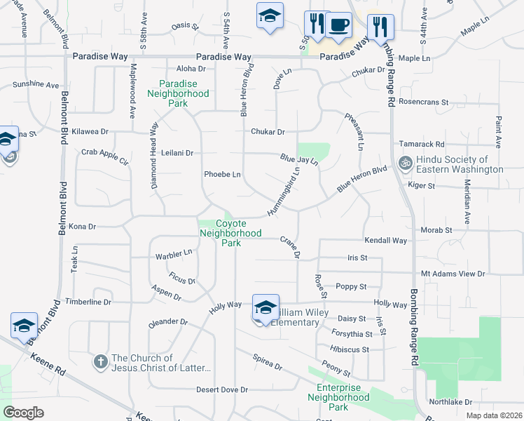 map of restaurants, bars, coffee shops, grocery stores, and more near 2300 Hummingbird Place in West Richland
