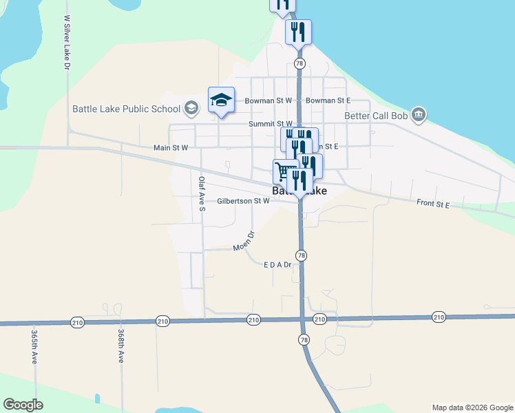 map of restaurants, bars, coffee shops, grocery stores, and more near 301 Moen Drive in Battle Lake
