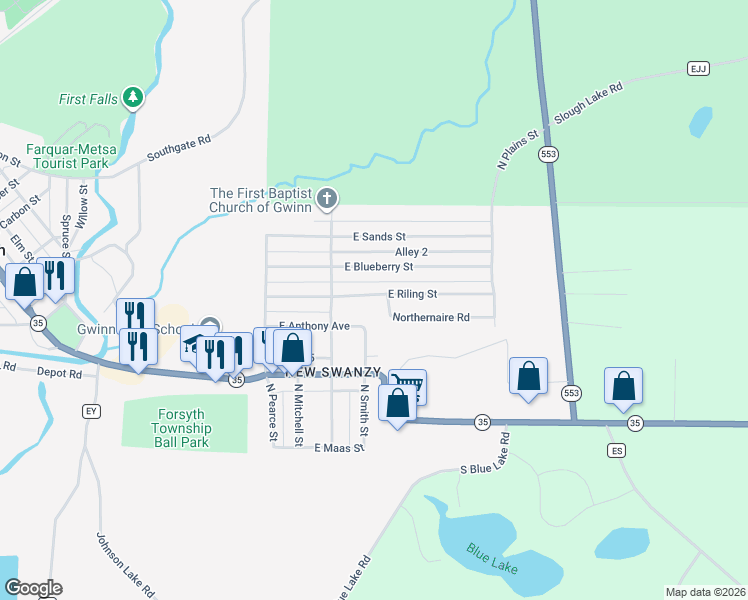 map of restaurants, bars, coffee shops, grocery stores, and more near East Riling Street in Gwinn