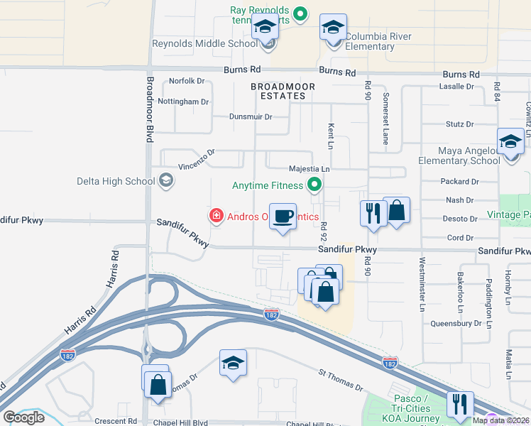 map of restaurants, bars, coffee shops, grocery stores, and more near Midland Lane in Pasco