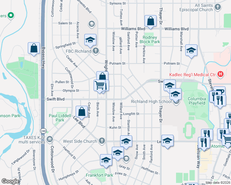 map of restaurants, bars, coffee shops, grocery stores, and more near 1004 Winslow Avenue in Richland