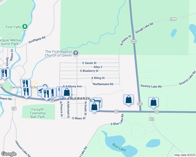 map of restaurants, bars, coffee shops, grocery stores, and more near 55 East Riling Street in Gwinn