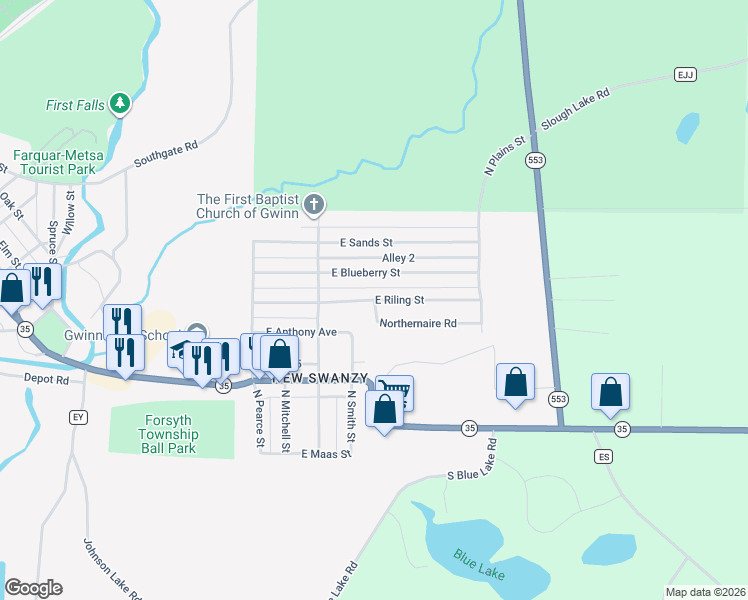 map of restaurants, bars, coffee shops, grocery stores, and more near East Riling Street in Gwinn