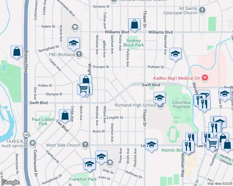 map of restaurants, bars, coffee shops, grocery stores, and more near 929 Smith Ave in Richland