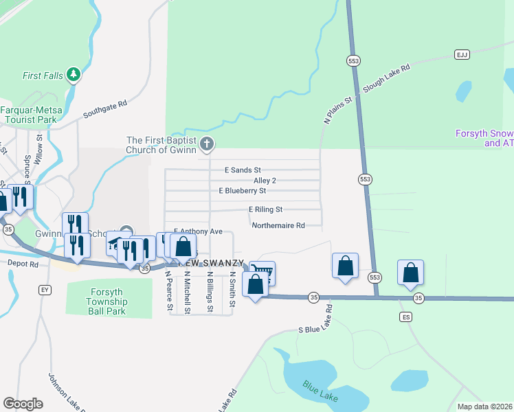 map of restaurants, bars, coffee shops, grocery stores, and more near 55 East Riling Street in Gwinn