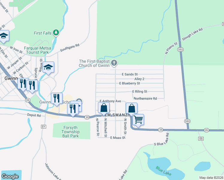 map of restaurants, bars, coffee shops, grocery stores, and more near 112-124 North Billings Street in Gwinn